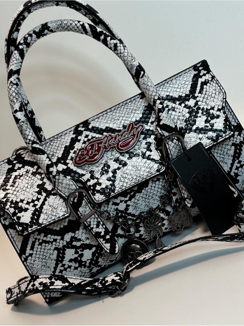 ED HARDY ($70) Black & White Snakeskin Print Satchel Bag NWT